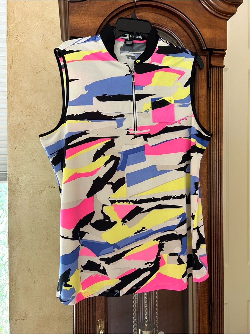 Jamie Sadock Neon Abstract Zip Front Sleeveless Polo